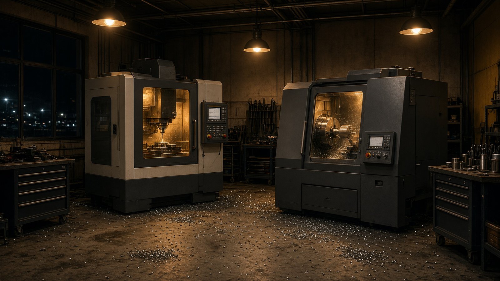Night view of the machine shop floor